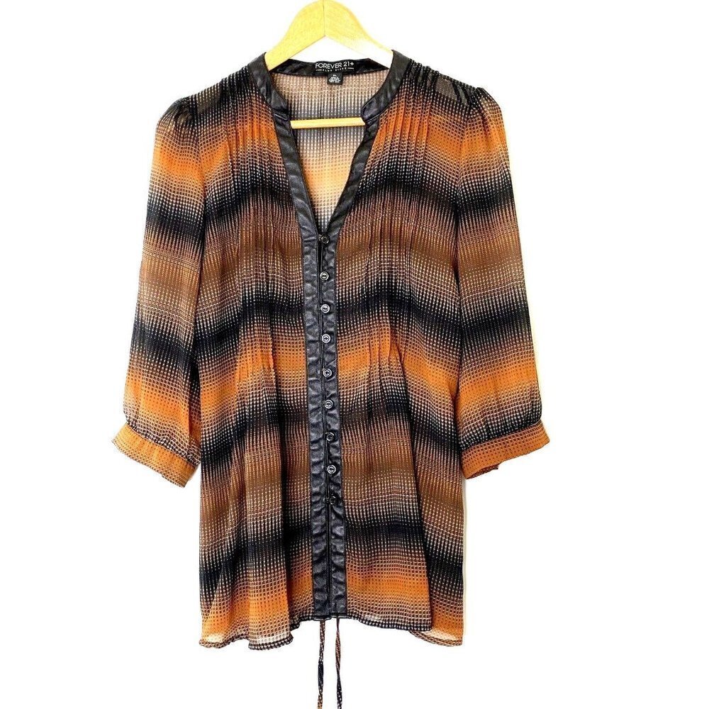 Forever 21+ Semi Sheer Blouse Plus Womens size XL V Neck Elbow Sleeve Rust Black